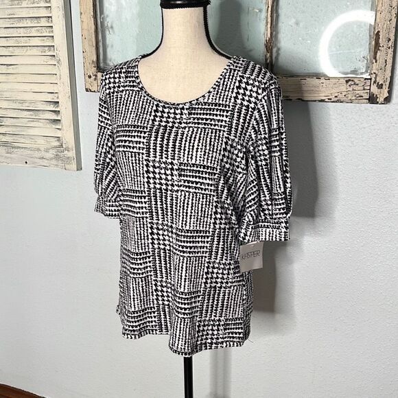 Kasper Womens Blouse Houndstooth Print Half Sleeve Black & White Size Medium NWT - Picture 2 of 10
